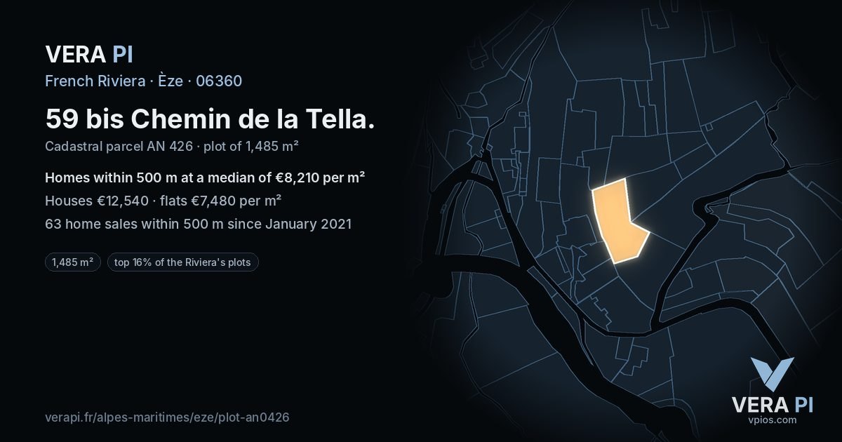 59 bis Chemin de la Tella, Èze at night – the plot lit, the parcels around coloured by the prices near them