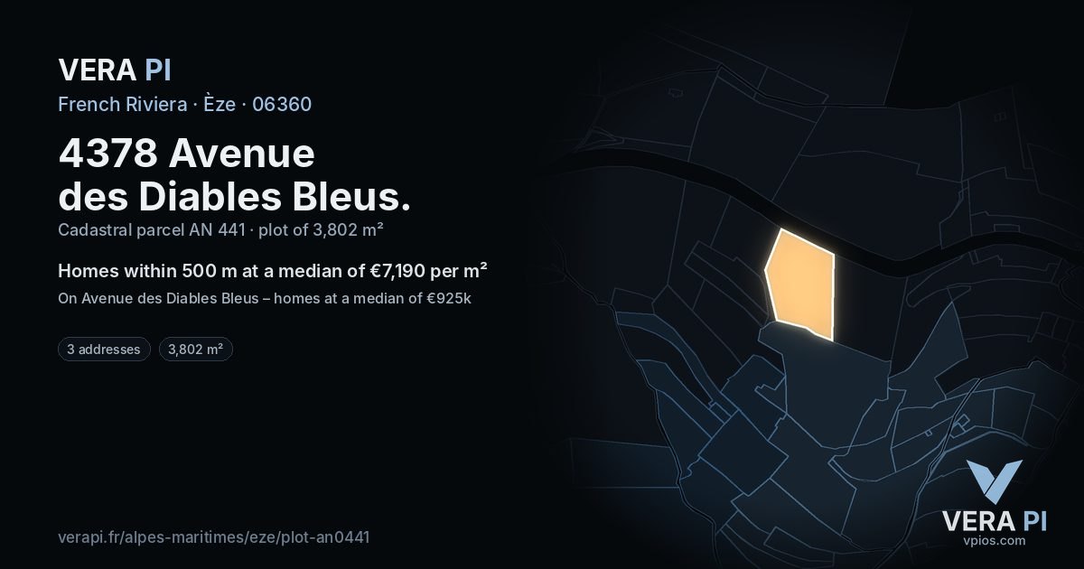 4378 Avenue des Diables Bleus, Èze at night – the plot lit, the parcels around coloured by the prices near them