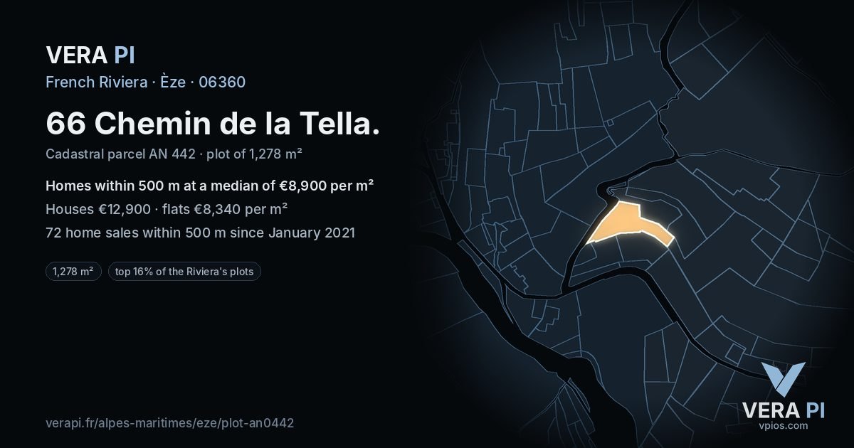 66 Chemin de la Tella, Èze at night – the plot lit, the parcels around coloured by the prices near them