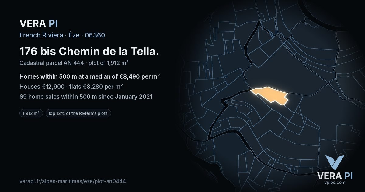 176 bis Chemin de la Tella, Èze at night – the plot lit, the parcels around coloured by the prices near them