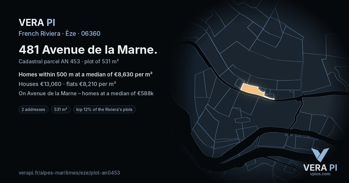 481 Avenue de la Marne, Èze at night – the plot lit, the parcels around coloured by the prices near them