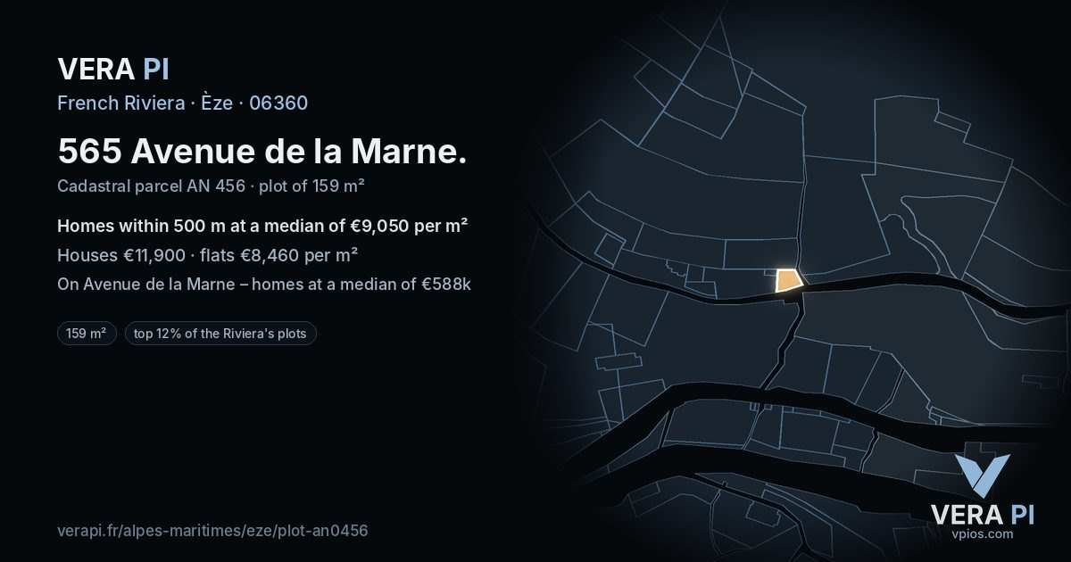 565 Avenue de la Marne, Èze at night – the plot lit, the parcels around coloured by the prices near them