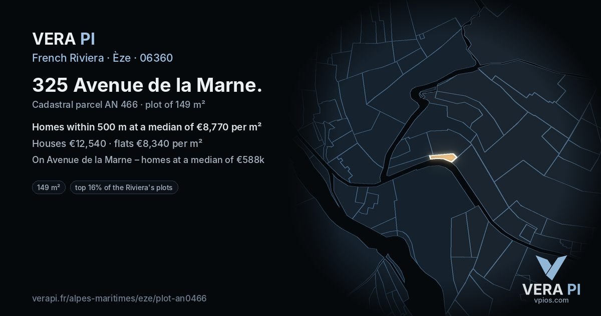 325 Avenue de la Marne, Èze at night – the plot lit, the parcels around coloured by the prices near them