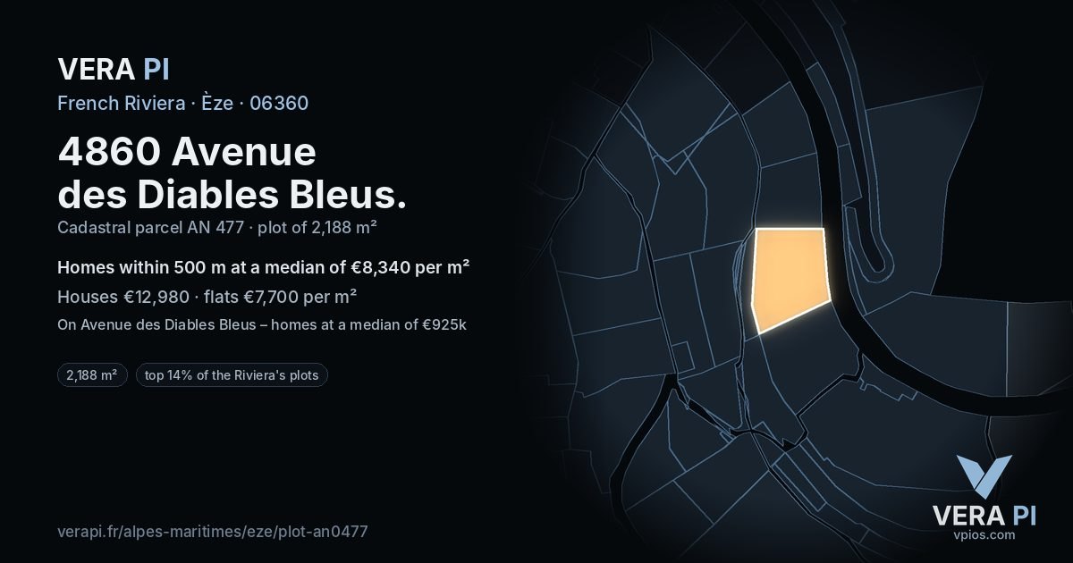 4860 Avenue des Diables Bleus, Èze at night – the plot lit, the parcels around coloured by the prices near them