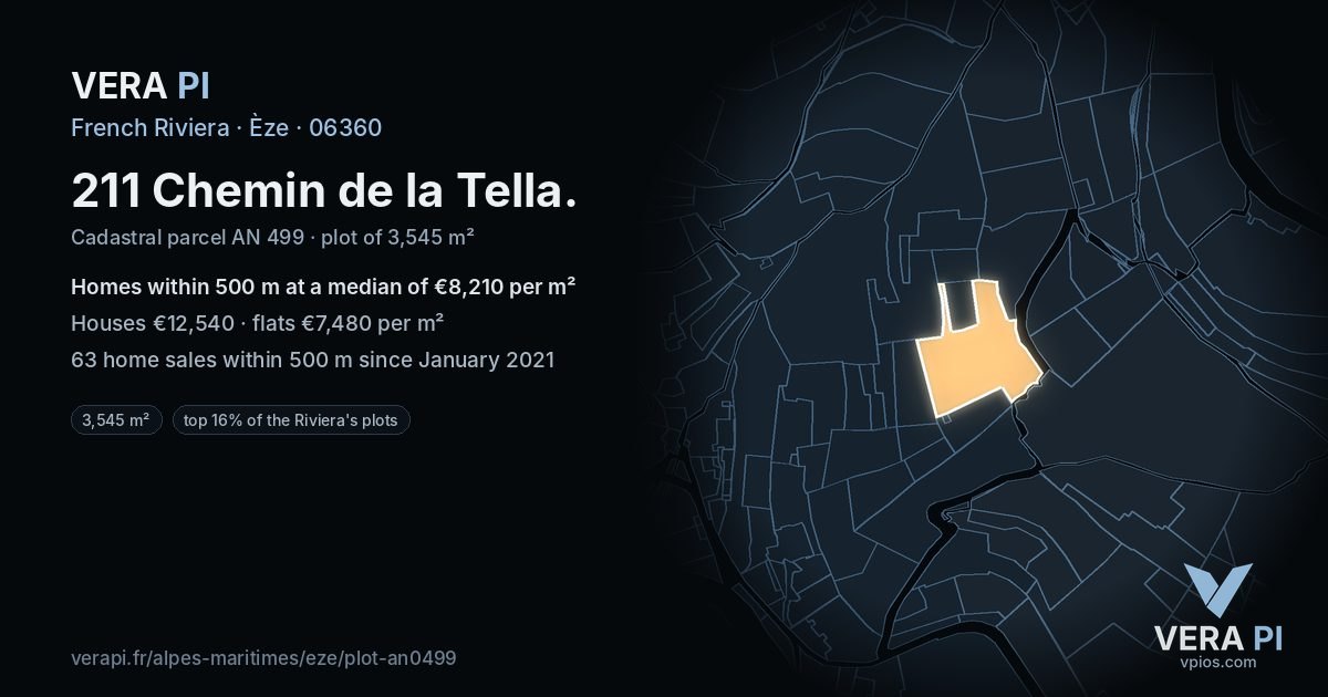 211 Chemin de la Tella, Èze at night – the plot lit, the parcels around coloured by the prices near them
