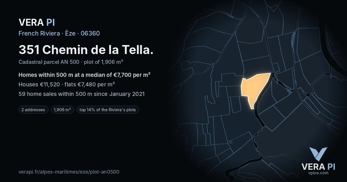 351 Chemin de la Tella, Èze at night – the plot lit, the parcels around coloured by the prices near them