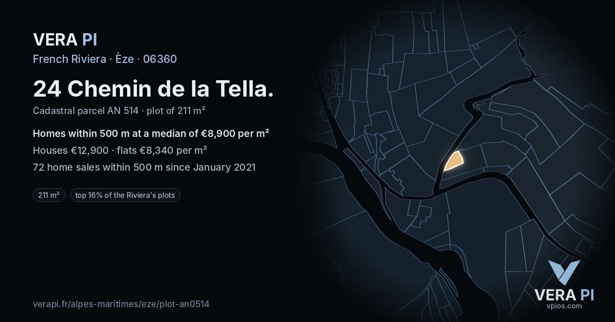 24 Chemin de la Tella, Èze at night – the plot lit, the parcels around coloured by the prices near them