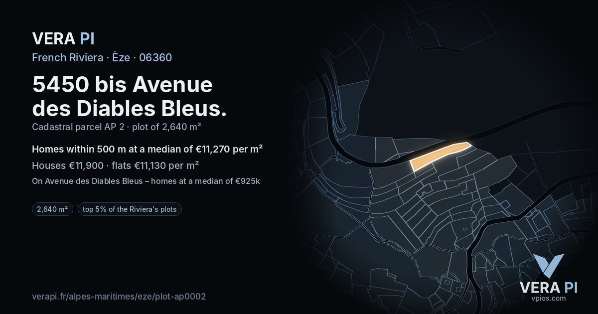 5450 bis Avenue des Diables Bleus, Èze at night – the plot lit, the parcels around coloured by the prices near them
