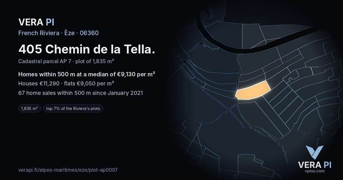 405 Chemin de la Tella, Èze at night – the plot lit, the parcels around coloured by the prices near them