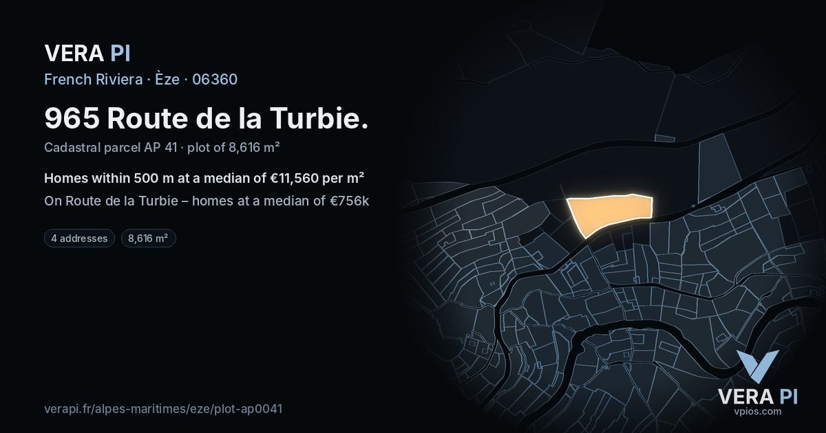 965 Route de la Turbie, Èze at night – the plot lit, the parcels around coloured by the prices near them