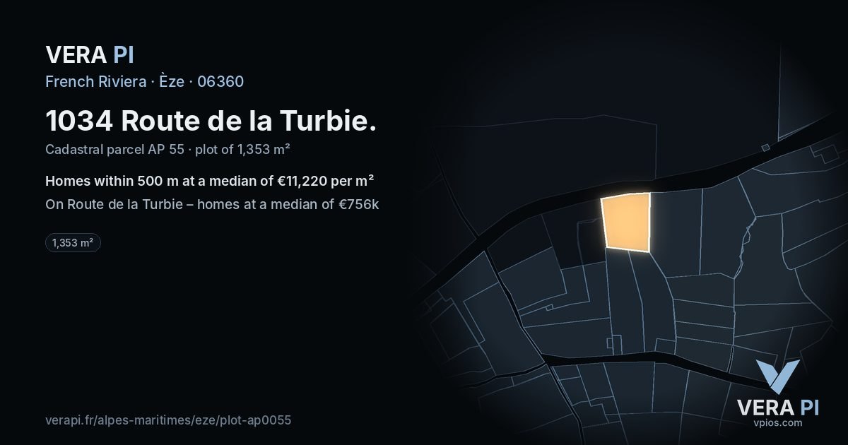 1034 Route de la Turbie, Èze at night – the plot lit, the parcels around coloured by the prices near them