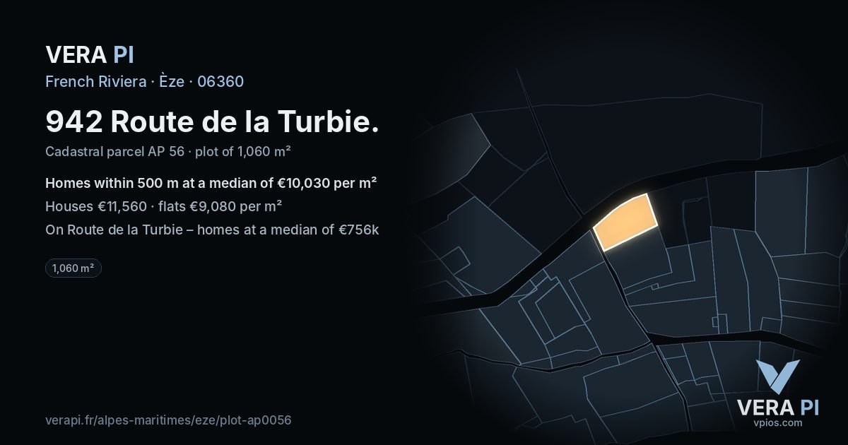 942 Route de la Turbie, Èze at night – the plot lit, the parcels around coloured by the prices near them