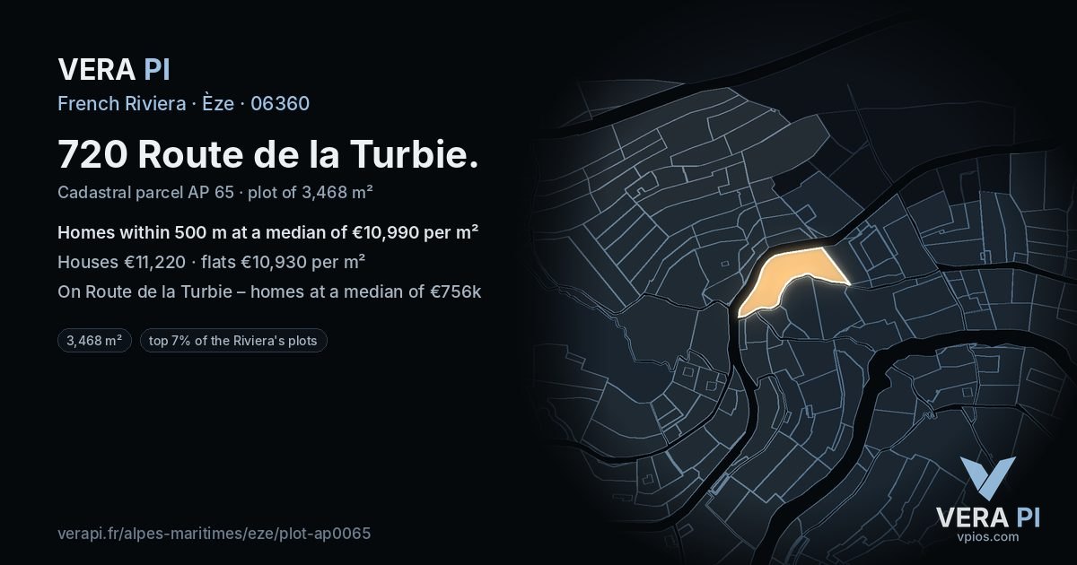 720 Route de la Turbie, Èze at night – the plot lit, the parcels around coloured by the prices near them