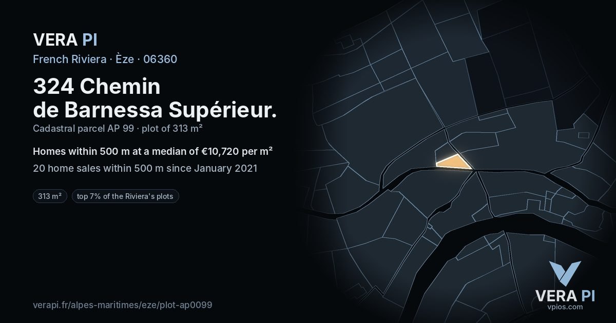324 Chemin de Barnessa Supérieur, Èze at night – the plot lit, the parcels around coloured by the prices near them