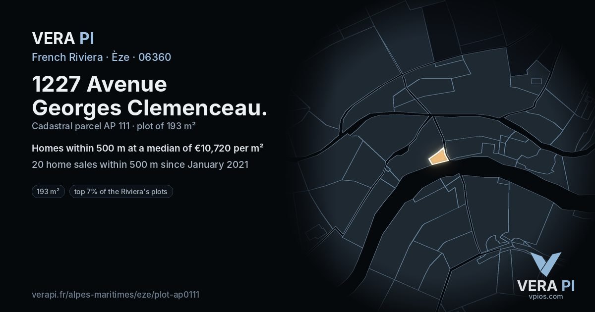 1227 Avenue Georges Clemenceau, Èze at night – the plot lit, the parcels around coloured by the prices near them