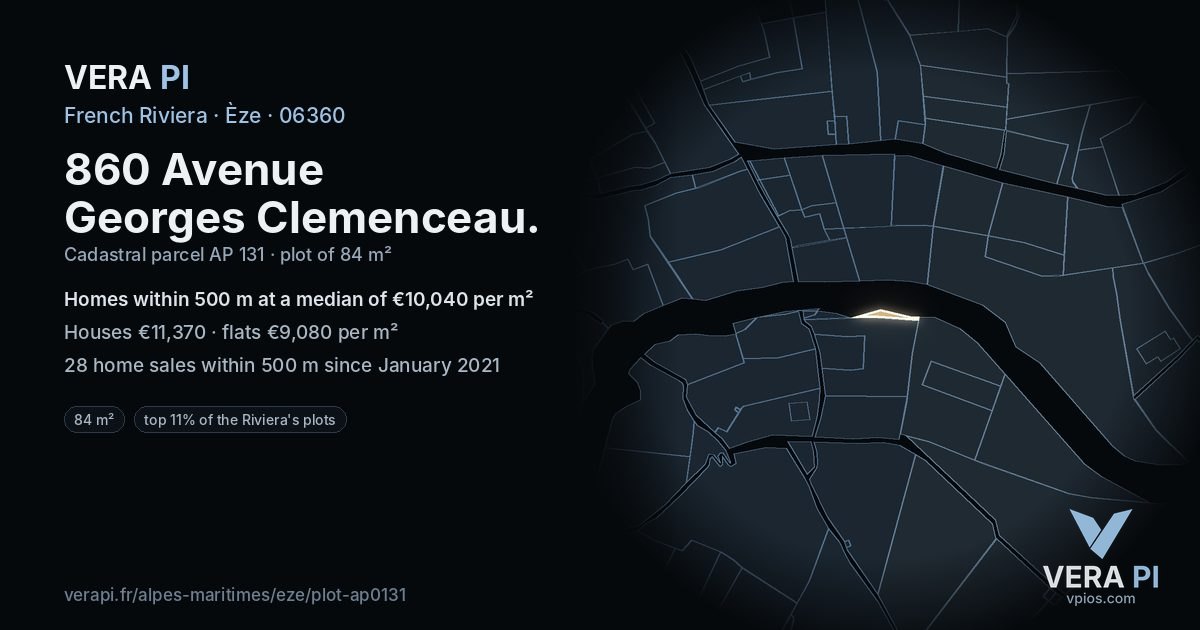 860 Avenue Georges Clemenceau, Èze at night – the plot lit, the parcels around coloured by the prices near them