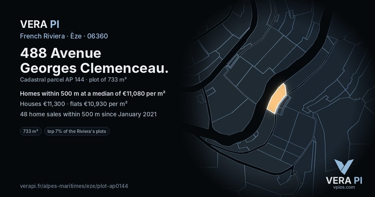 488 Avenue Georges Clemenceau, Èze at night – the plot lit, the parcels around coloured by the prices near them