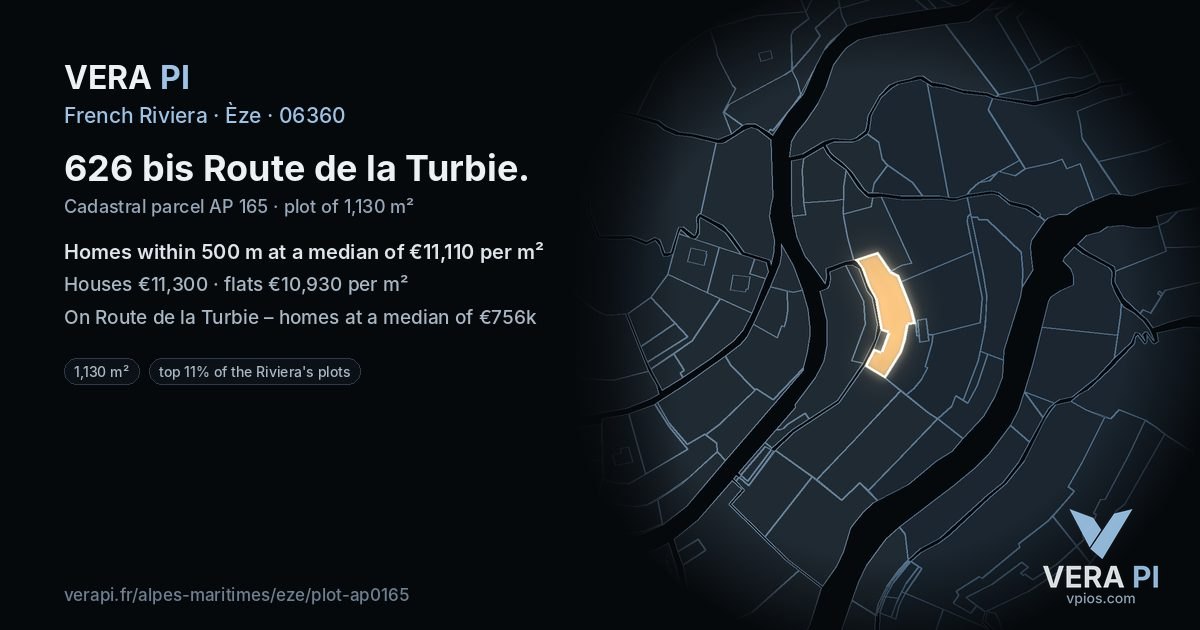 626 bis Route de la Turbie, Èze at night – the plot lit, the parcels around coloured by the prices near them