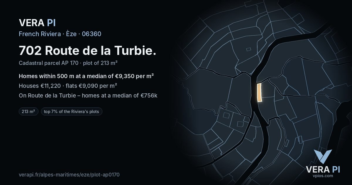 702 Route de la Turbie, Èze at night – the plot lit, the parcels around coloured by the prices near them