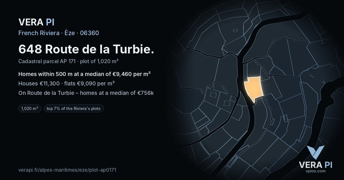 648 Route de la Turbie, Èze at night – the plot lit, the parcels around coloured by the prices near them