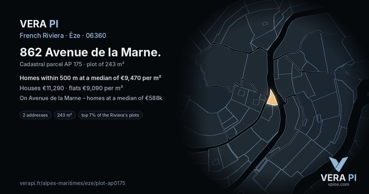 862 Avenue de la Marne, Èze at night – the plot lit, the parcels around coloured by the prices near them