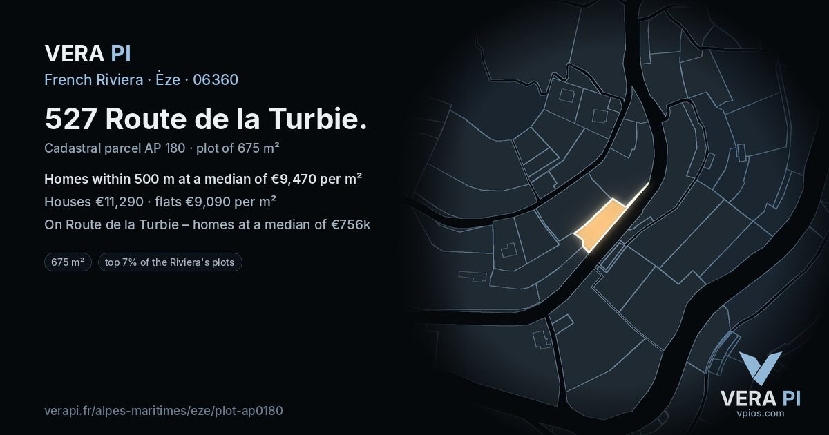 527 Route de la Turbie, Èze at night – the plot lit, the parcels around coloured by the prices near them