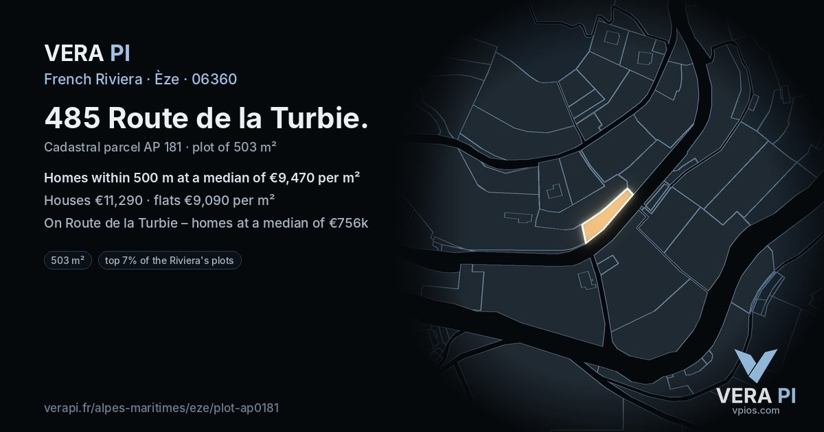 485 Route de la Turbie, Èze at night – the plot lit, the parcels around coloured by the prices near them
