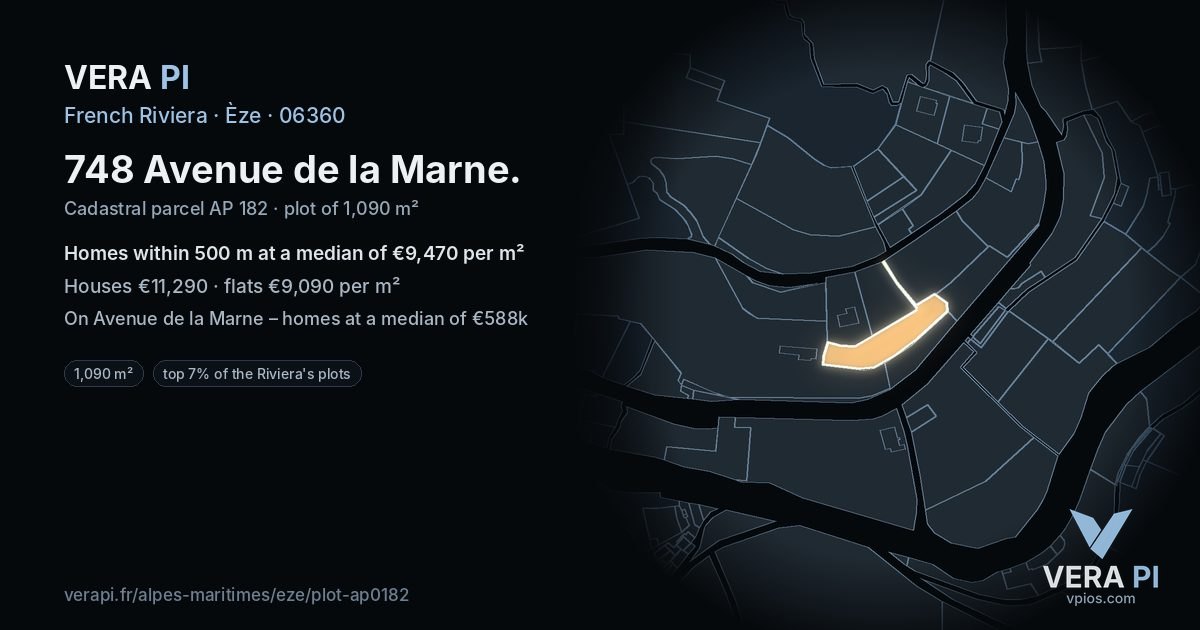 748 Avenue de la Marne, Èze at night – the plot lit, the parcels around coloured by the prices near them
