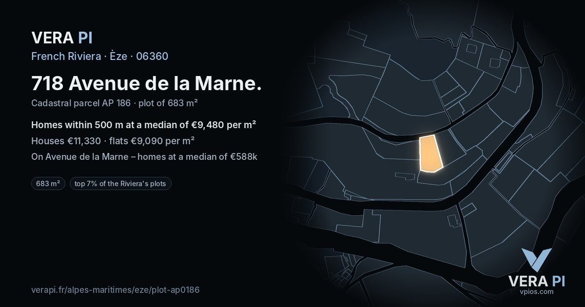 718 Avenue de la Marne, Èze at night – the plot lit, the parcels around coloured by the prices near them
