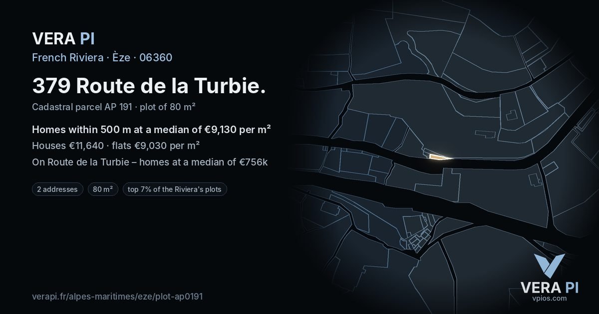 379 Route de la Turbie, Èze at night – the plot lit, the parcels around coloured by the prices near them