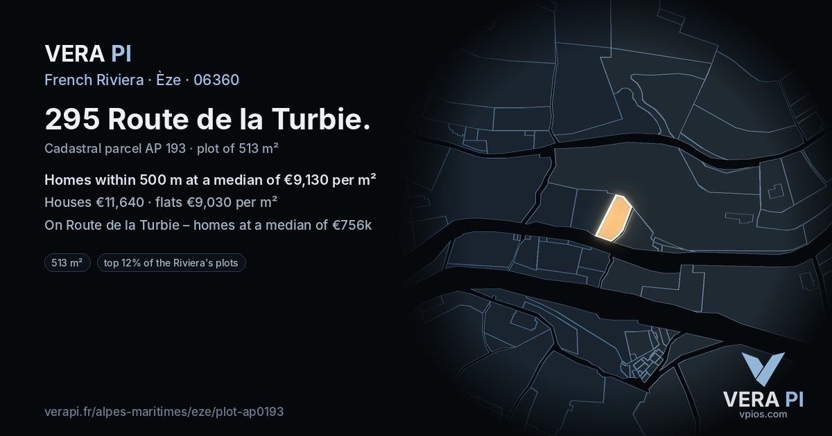 295 Route de la Turbie, Èze at night – the plot lit, the parcels around coloured by the prices near them