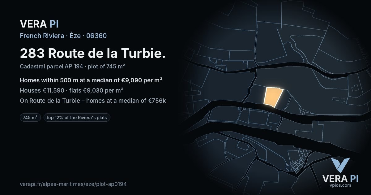 283 Route de la Turbie, Èze at night – the plot lit, the parcels around coloured by the prices near them