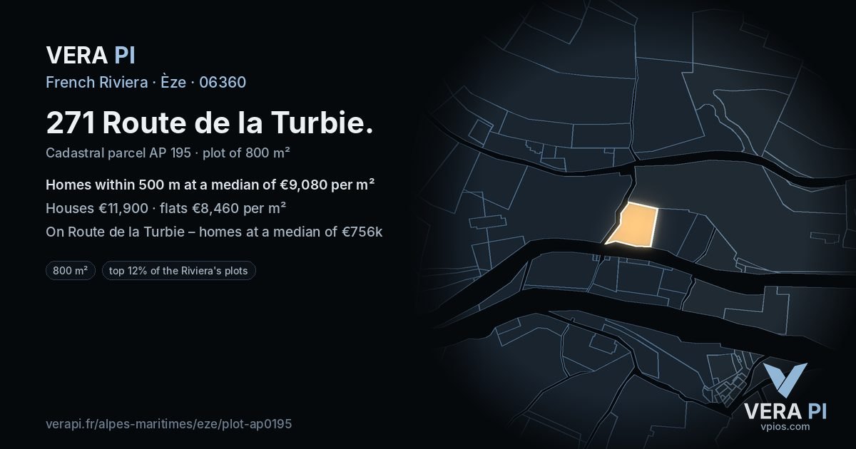 271 Route de la Turbie, Èze at night – the plot lit, the parcels around coloured by the prices near them