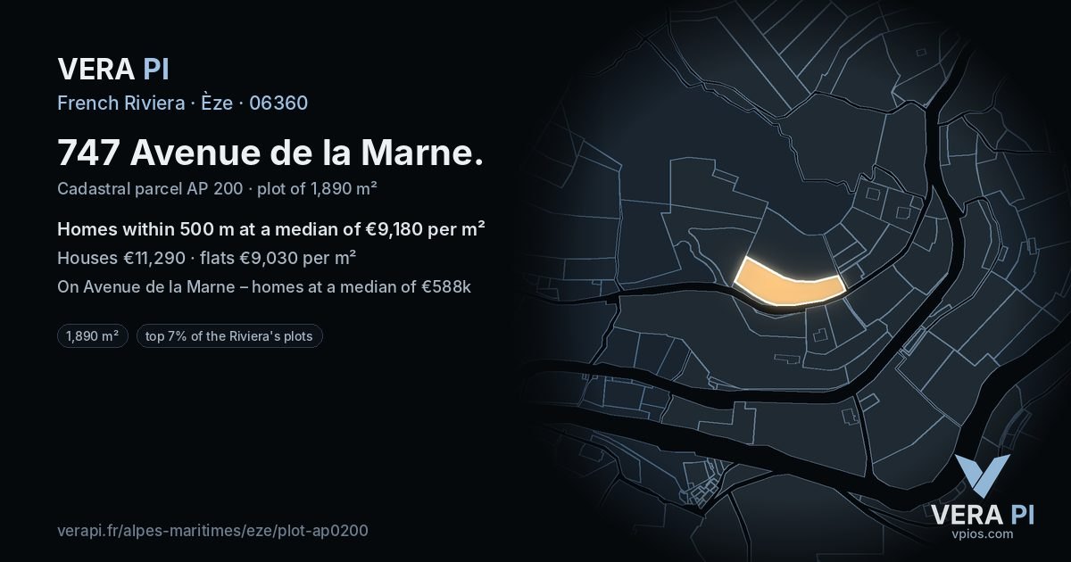 747 Avenue de la Marne, Èze at night – the plot lit, the parcels around coloured by the prices near them