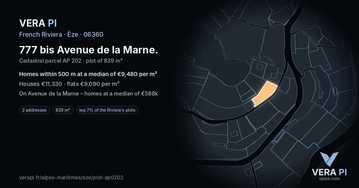 777 bis Avenue de la Marne, Èze at night – the plot lit, the parcels around coloured by the prices near them