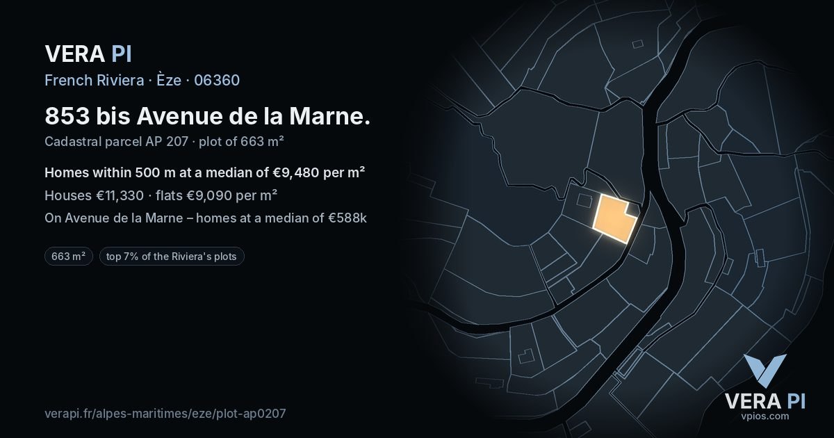 853 bis Avenue de la Marne, Èze at night – the plot lit, the parcels around coloured by the prices near them