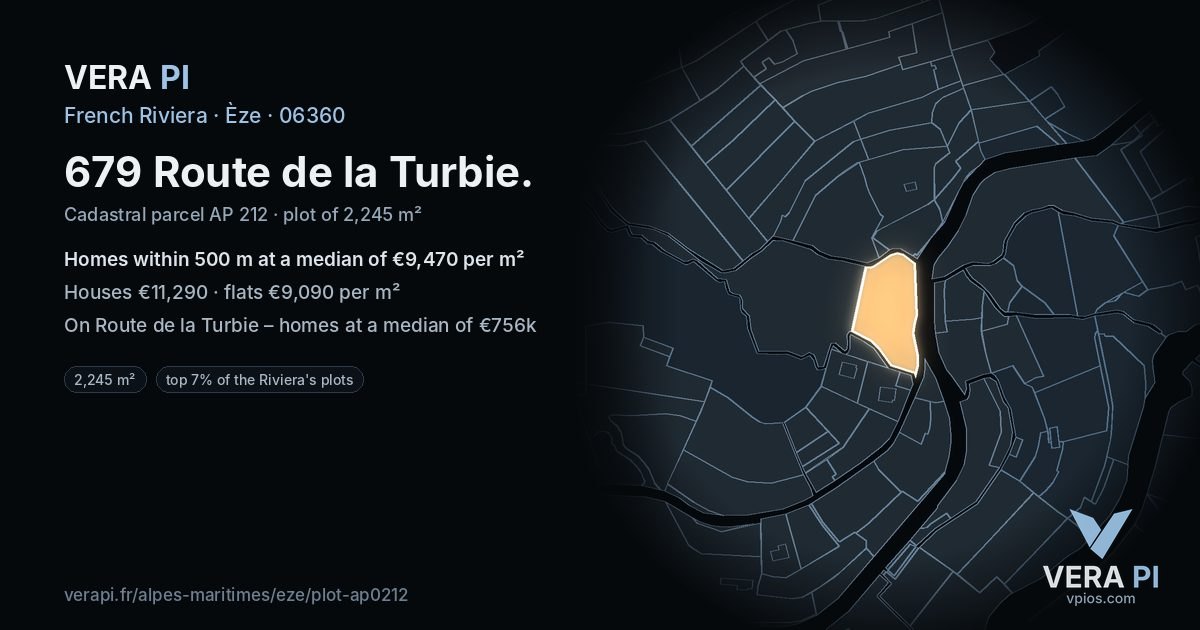 679 Route de la Turbie, Èze at night – the plot lit, the parcels around coloured by the prices near them