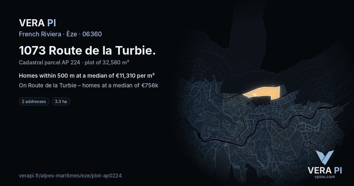 1073 Route de la Turbie, Èze at night – the plot lit, the parcels around coloured by the prices near them