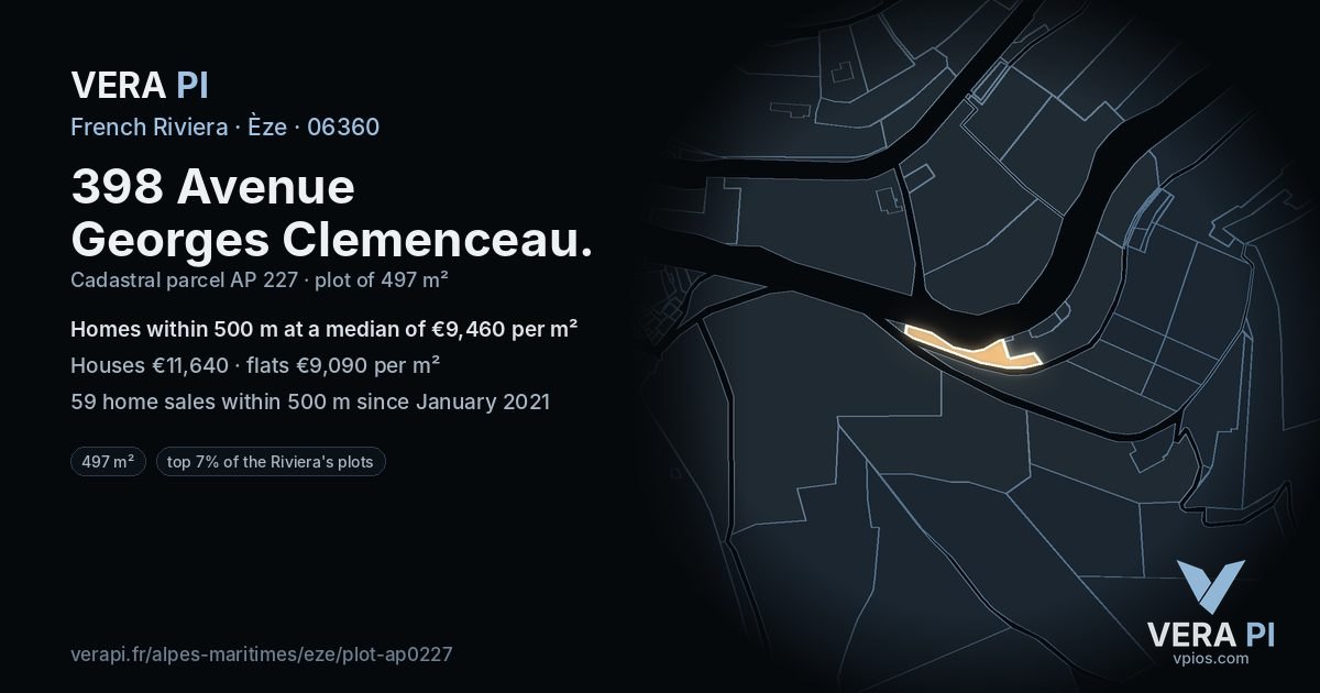 398 Avenue Georges Clemenceau, Èze at night – the plot lit, the parcels around coloured by the prices near them