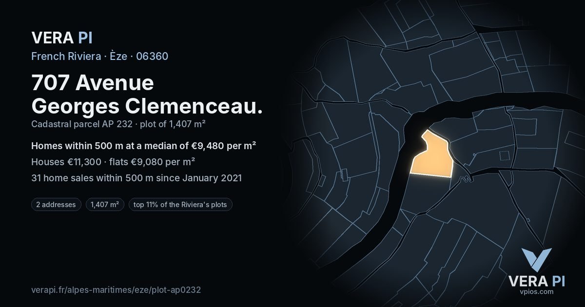 707 Avenue Georges Clemenceau, Èze at night – the plot lit, the parcels around coloured by the prices near them