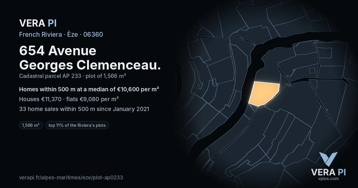 654 Avenue Georges Clemenceau, Èze at night – the plot lit, the parcels around coloured by the prices near them