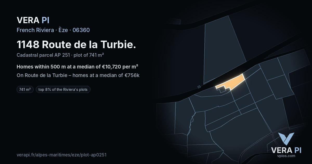 1148 Route de la Turbie, Èze at night – the plot lit, the parcels around coloured by the prices near them