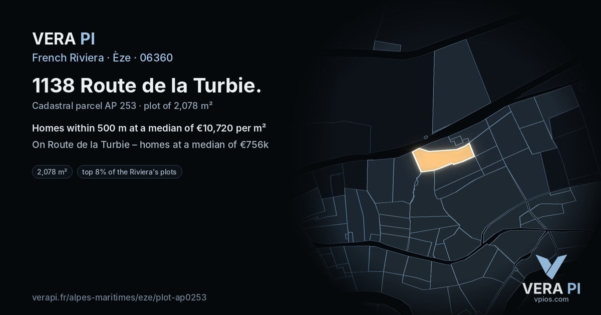 1138 Route de la Turbie, Èze at night – the plot lit, the parcels around coloured by the prices near them