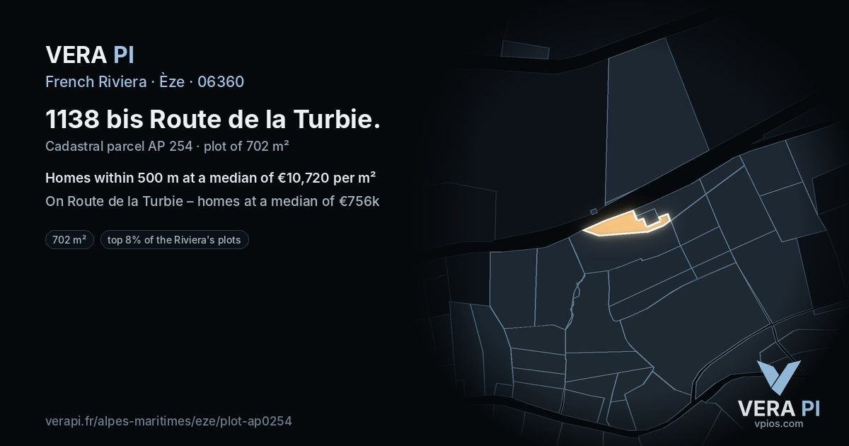 1138 bis Route de la Turbie, Èze at night – the plot lit, the parcels around coloured by the prices near them