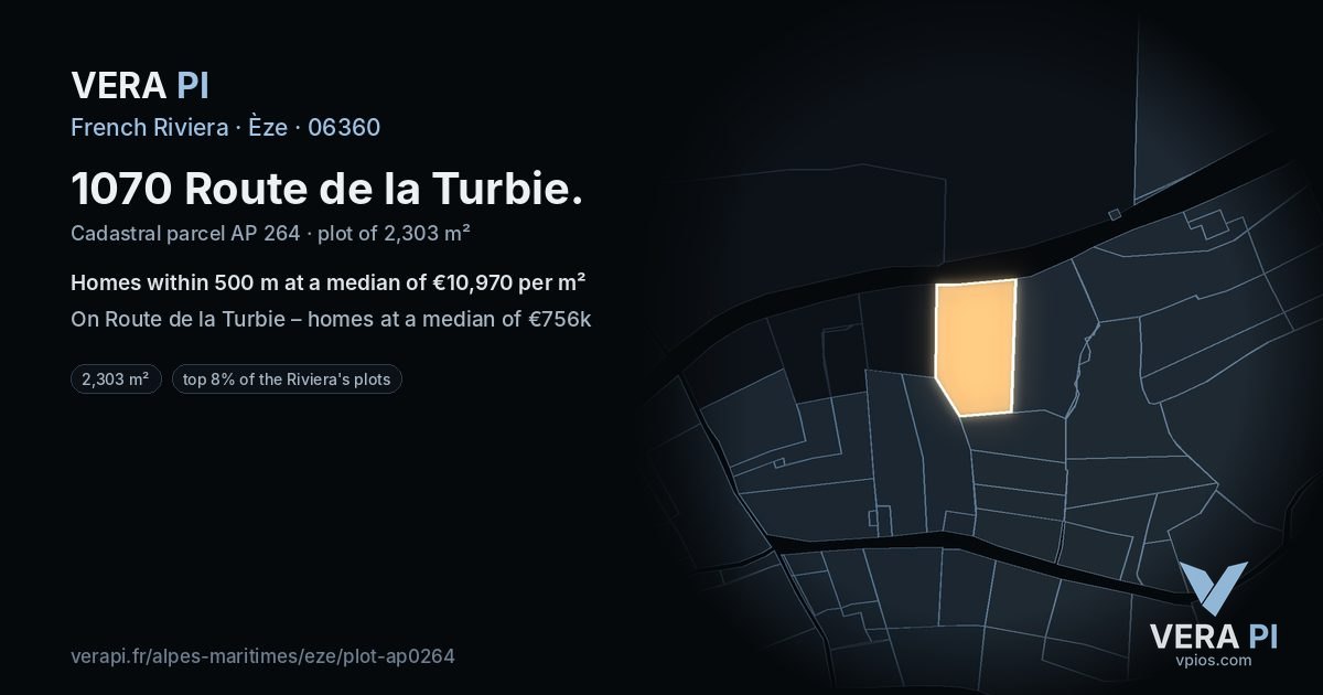1070 Route de la Turbie, Èze at night – the plot lit, the parcels around coloured by the prices near them