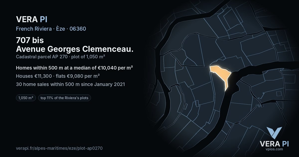 707 bis Avenue Georges Clemenceau, Èze at night – the plot lit, the parcels around coloured by the prices near them
