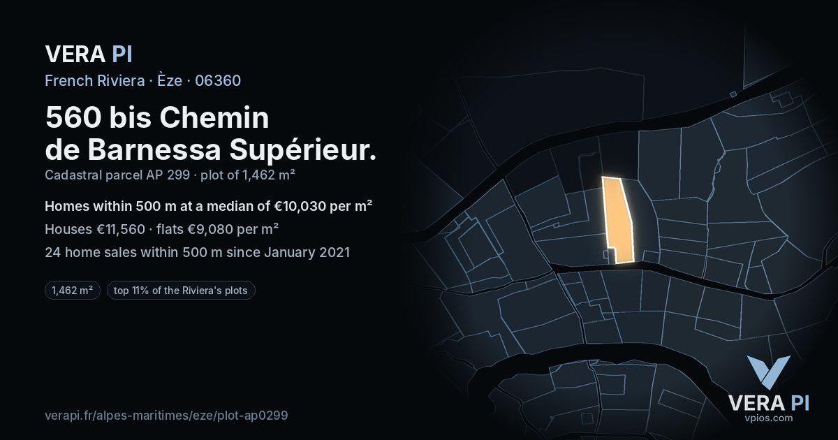 560 bis Chemin de Barnessa Supérieur, Èze at night – the plot lit, the parcels around coloured by the prices near them