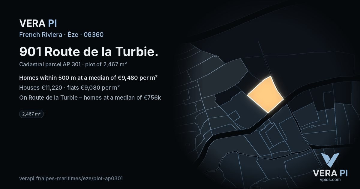 901 Route de la Turbie, Èze at night – the plot lit, the parcels around coloured by the prices near them