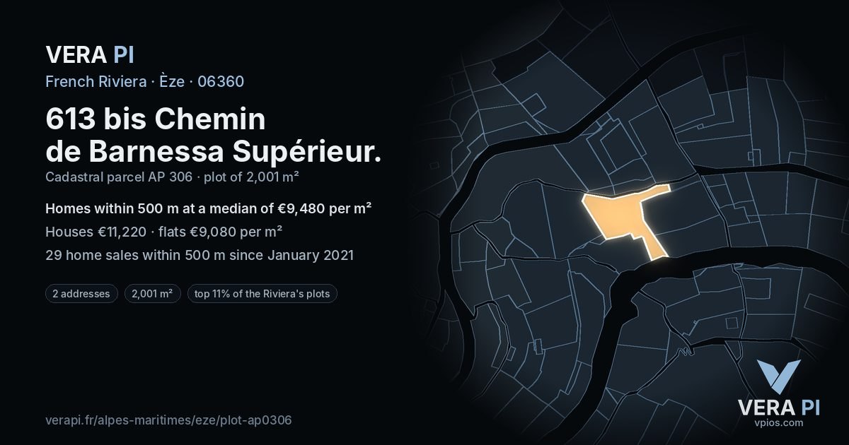 613 bis Chemin de Barnessa Supérieur, Èze at night – the plot lit, the parcels around coloured by the prices near them