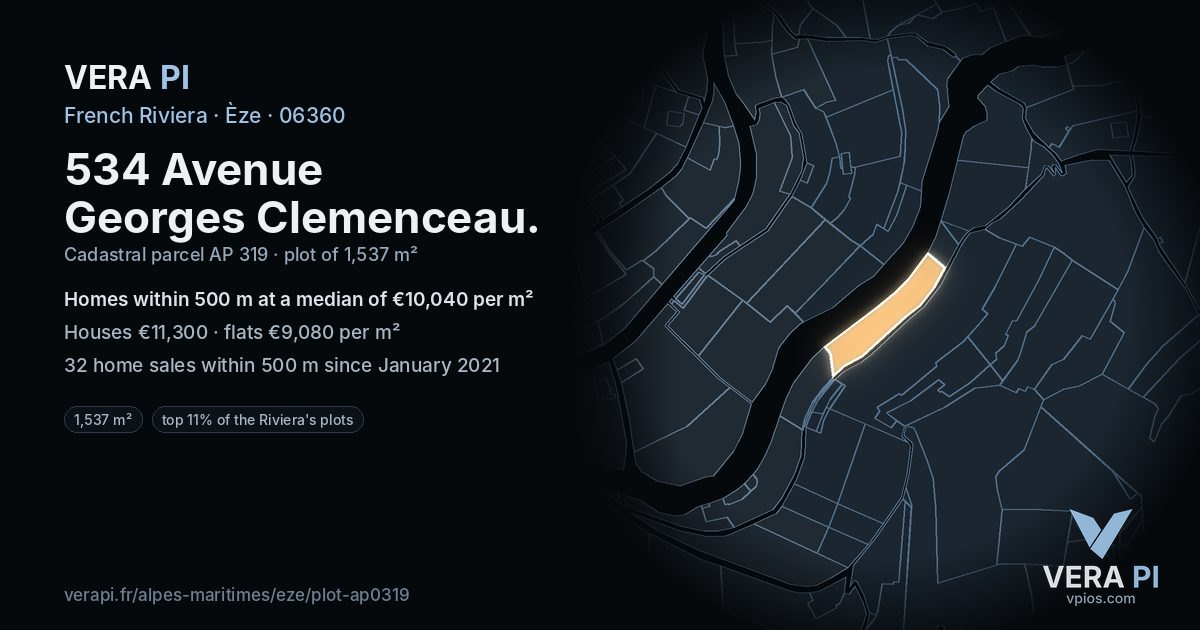 534 Avenue Georges Clemenceau, Èze at night – the plot lit, the parcels around coloured by the prices near them